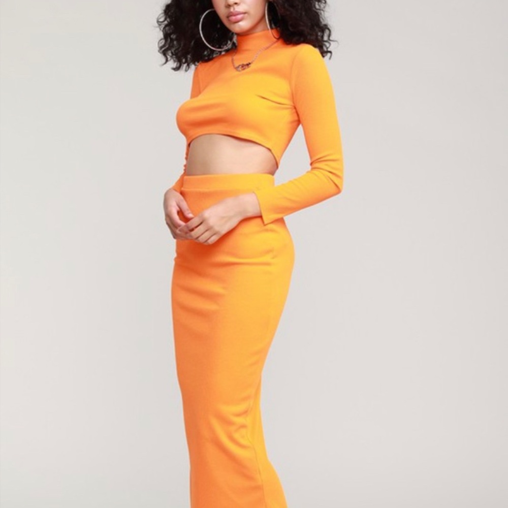 Orange Knit Two Piece Skirt Set